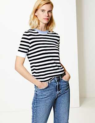 Striped Round Neck Short Sleeve Knitted Top