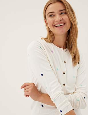 Star Print Crew Neck Button Front Cardigan