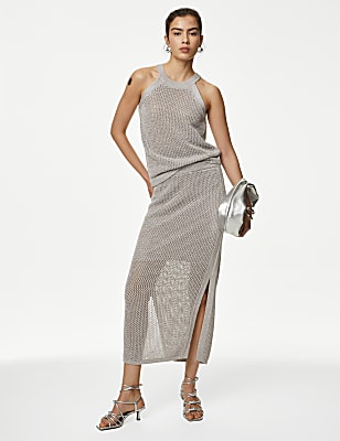 Cotton Rich Textured Knitted Midi Skirt