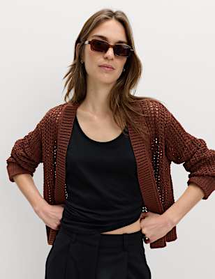 Cotton Blend Open Stitch Relaxed Cropped Cardigan