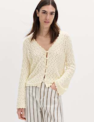 Cotton Rich Pearl Detail Scallop Edge Cardigan