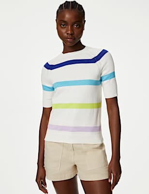 Cotton Rich Striped Ribbed Knitted Top