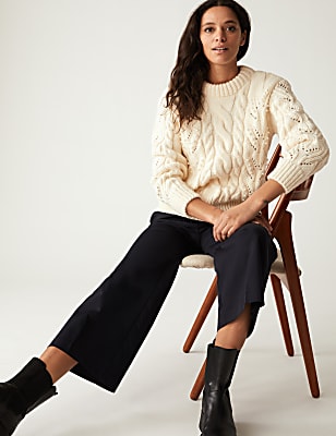 Embellished Cable Knit Crew Neck Jumper