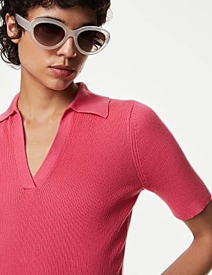 Cotton Rich Ribbed Collared Knitted Top