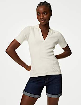 Cotton Rich Ribbed Collared Knitted Top