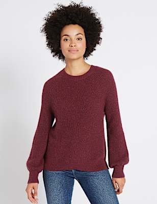 Ribbed Balloon Sleeve Round Neck Jumper