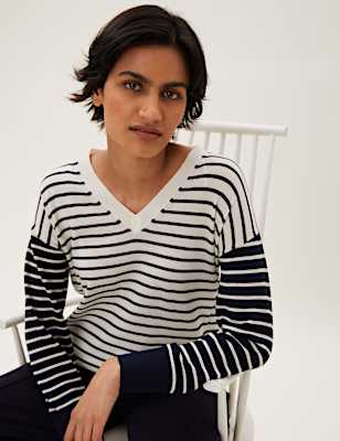 Pure Merino Wool Striped V-Neck Jumper