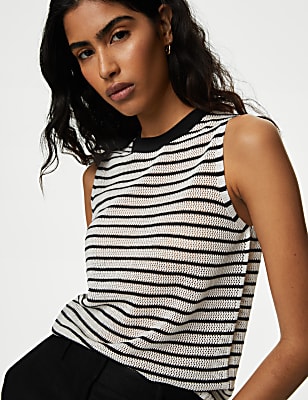 Striped Round Neck Knitted Vest with Linen