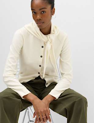 Air-Yarn Scarf Neck Button Through Cardigan