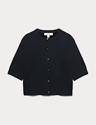 Air-Yarn Button Front Short Sleeve Cropped Cardigan