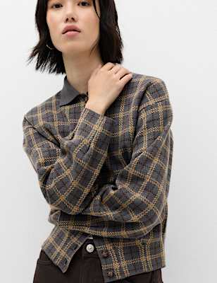 Checked Collared Button Front Cardigan with Wool