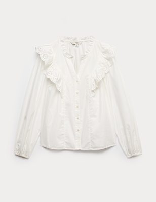 Pure Cotton Broderie Long Sleeve Blouse