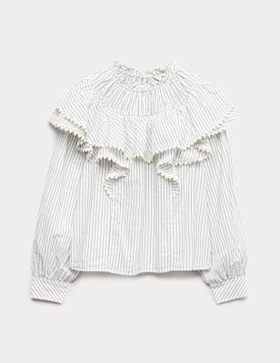 Pure Cotton Striped Lace Detail Blouse