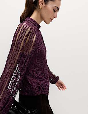 Jersey Lace High Neck Blouse with Stretch