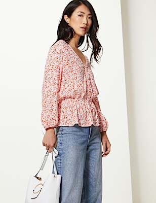 Floral Print Waist Detail Crinkle Blouse