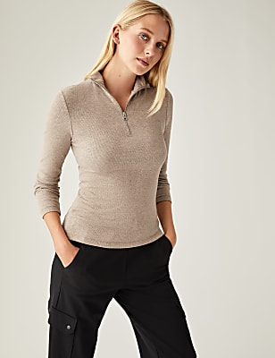 Cotton Rich Ribbed Zip Up Long Sleeve Top