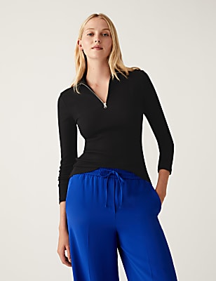 Cotton Rich Ribbed Zip Up Long Sleeve Top