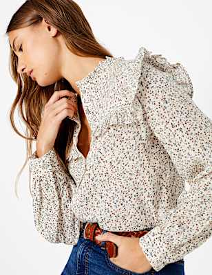 Cotton Blend Floral Print Blouse