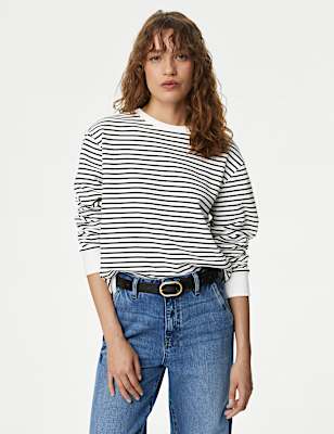 Pure Cotton Striped Crew Neck Sweatshirt