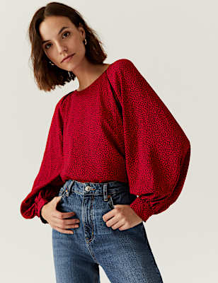 Printed Crew Neck Blouson Sleeve Blouse