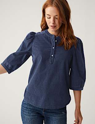 Corduroy Puff Sleeve Popover Blouse