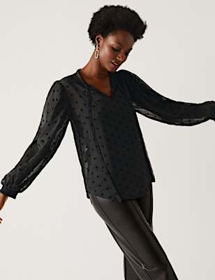 Sheer Textured Star Print Tie Neck Blouse