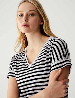 Linen Rich Striped V-Neck T-Shirt
