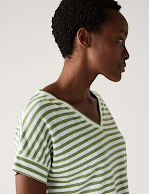 Linen Rich Striped V-Neck T-Shirt