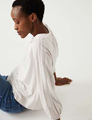 Pure Cotton Crew Neck Lace Insert Top