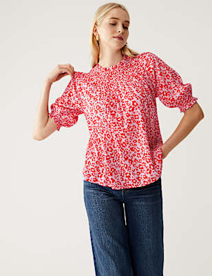 Cotton Blend Printed Shirred Blouse