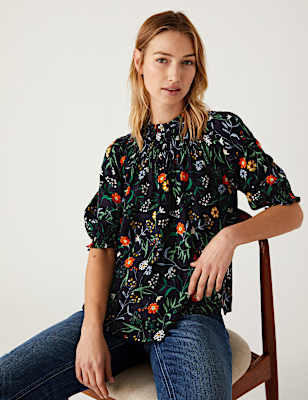 Cotton Blend Printed Shirred Blouse