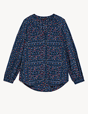 Cotton Rich Printed V-Neck Longline Blouse