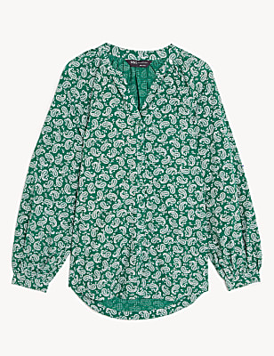 Cotton Rich Printed V-Neck Longline Blouse