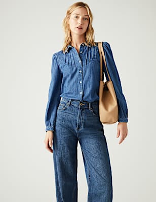 Denim Collared Pintuck Shirt