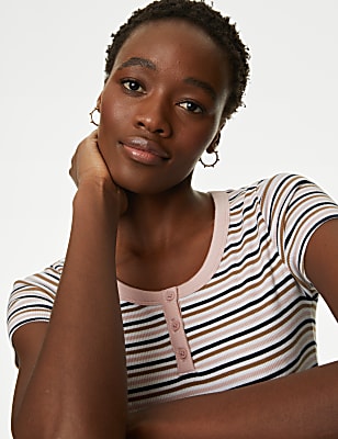 Cotton Rich Ribbed Striped Henley Top