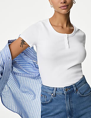 Cotton Rich Short Sleeve Henley Top