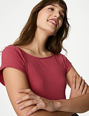 Cotton Blend Textured Off The Shoulder Top