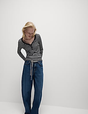 Cotton Rich Ribbed Striped V-Neck Top