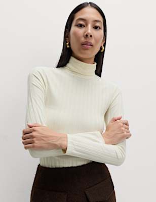 Cotton Blend Funnel Neck Long Sleeve Top