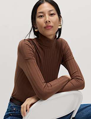 Cotton Blend Funnel Neck Long Sleeve Top