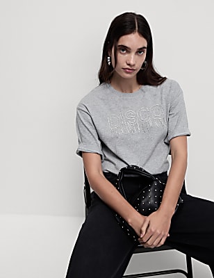 Pure Cotton Embellished Slogan T-Shirt