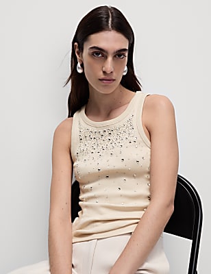 Cotton Rich Embellished Crew Neck Vest Top