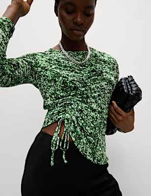 Long Sleeve Printed Ruched Mesh Top
