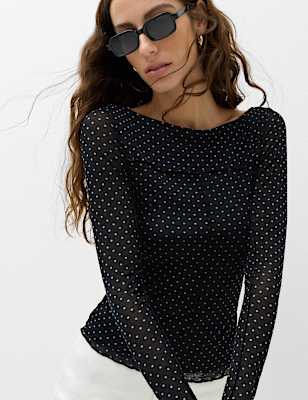 Mesh Jersey Polka Dot Slash Neck Top