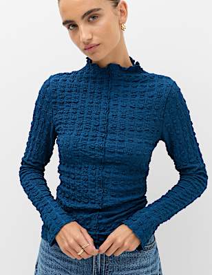 Long Sleeve Funnel Neck Textured Top