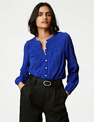 Cotton Blend Button Through Popover Blouse