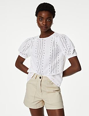 Pure Cotton Broderie Puff Sleeve Blouse