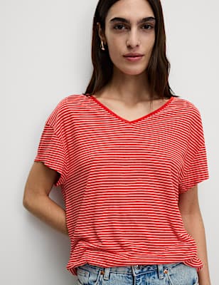 Linen Blend Striped V-Neck T-Shirt