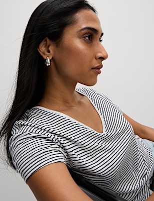 Linen Blend Striped V-Neck T-Shirt