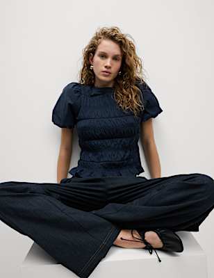 Pure Cotton Jersey Smocked Puff Sleeve Top